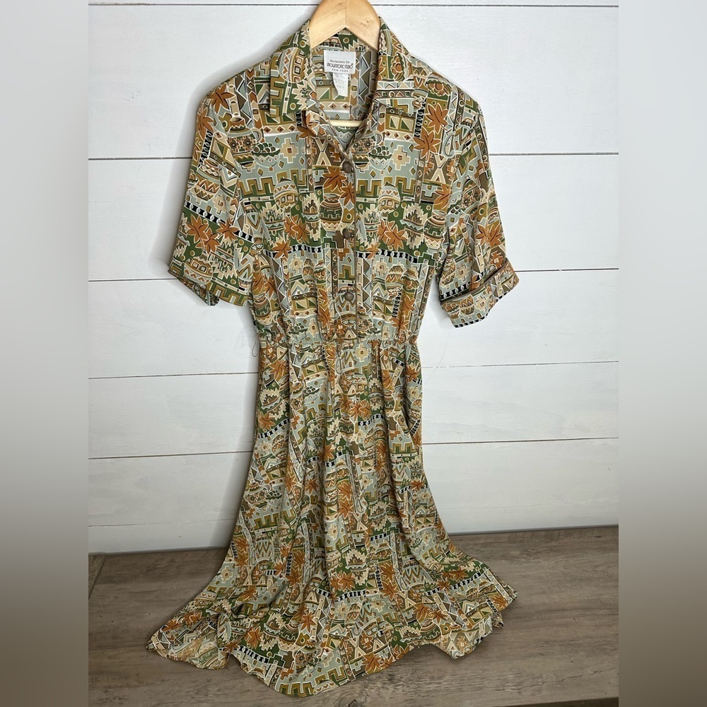 Vintage Brownstone Studio Womens 8 Shirt Dress Geometric Print Retro Midi Button